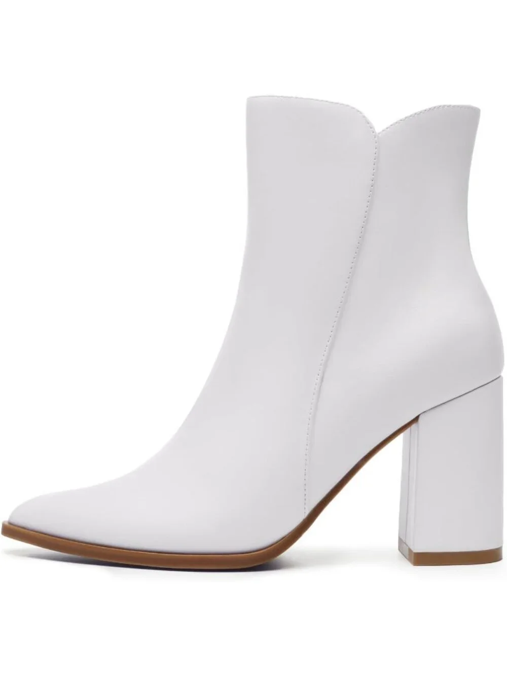 Women's White Fashion Pointed Toe Chunky Block Heel Side Zipper Short Ankle Boot